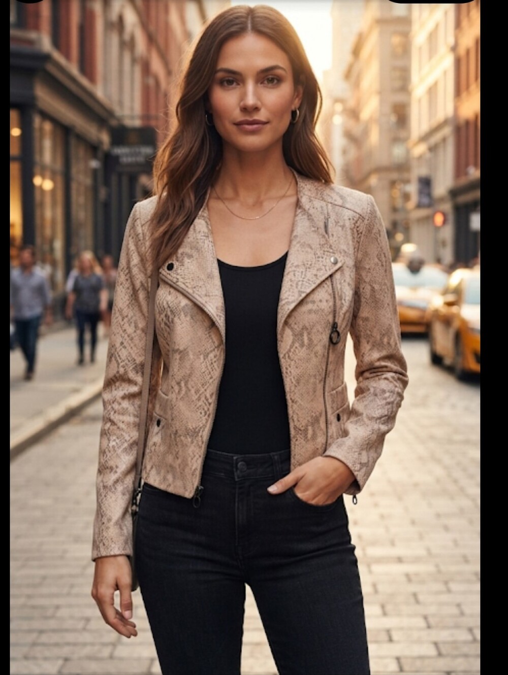 Haute Monde Pinky Beige Snake-Print Moto Jacket